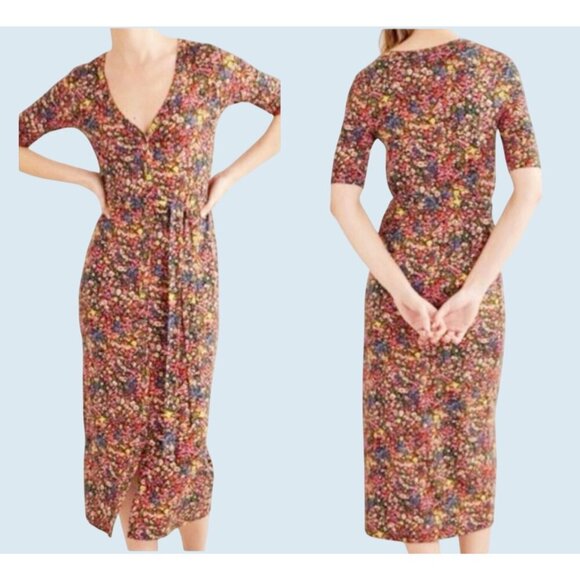BODEN Multi Color Floral Print Jersey Tie Belt Midi Dress Size 2 - Picture 1 of 8